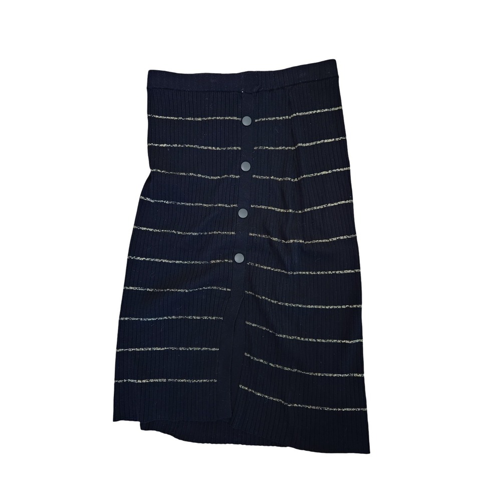 Nine West Black Pull-on Knit Sweater Skirt Gold Metallic Stripes ~ Petite Large